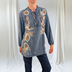 Driftwood Casey Embroidered Chambray Tunic Top Floral XS